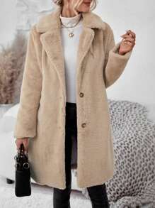 SHEIN Essnce Cổ áo Ngực đơn 	
Fuzzy áo - Màu Khaki - Xem 5