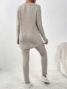 SHEIN Frenchy Ribbed Knit Drop Shoulder Tee & Leggings - Apricot - View 2