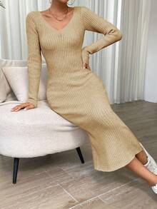 SHEIN Essnce Ribbed Knit Sweater Dress - Camel - View 6