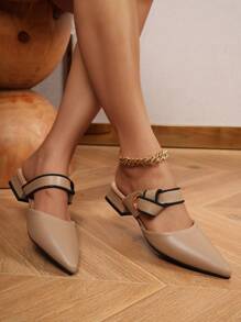 Zapatillas De Punta Baja Con Tacón Bajo De Moda Para Mujer, Sandalias De Nuevo Diseño - Caqui - Ver 1