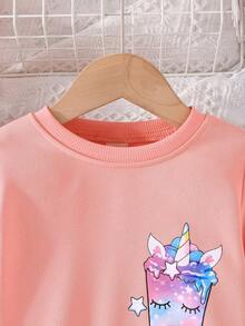 SHEIN Young Girl Cartoon Graphic Contrast Mesh Hem Dress - Pink - View 4