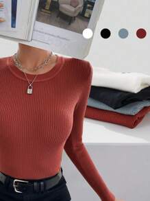 BizChic 螺紋針織修身套頭毛衣工作服 - 酒紅色 - 查看 5