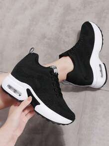 Zapatos Para Correr Informales De Mujer Con Elevación De Talón Invisible Estilo Nuevo, Con Cojín De Aire Y Parte Superior - Negro - Ver 4