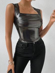 Allurite Cổ vuông Xù Áo ba lỗ - màu đen - Xem 5