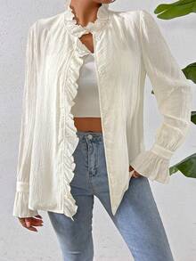 Chiquease Viền Ruffle tay áo lá sen Nút phía trước Áo sơ mi - Màu be - Xem 5