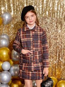 SHEIN Tween Girl Plaid Print Dual Pocket Coat & Skirt - Multicolor - View 3