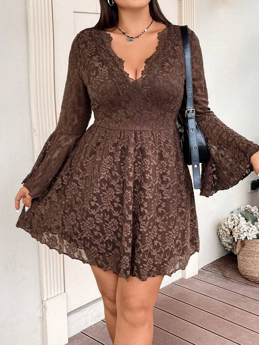 Flirla Plus Plunging Neck Bell Sleeve Lace Dress - Khaki - View 1
