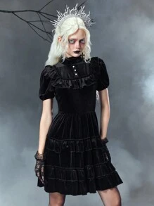 ROMWE Women'S Gothic Stand Collar Ruffle Trim New Year'S Eve Party Dress