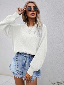 SHEIN LUNE Jersey unicolor de hombros caídos tejido de canalé - Blanco - Ver 1