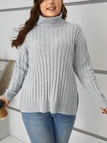 SHEIN LUNE Hơn Áo cao cổ Thả vai Viền chia cắt Áo len - Xám - Xem 3