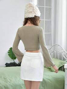 SHEIN MOD 大圓領胸部褶皺木耳邊短款T恤 - 綠色 - 查看 2