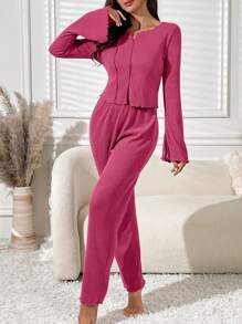 Notched Neck Split Hem Lounge Set - Hot Pink - View 4