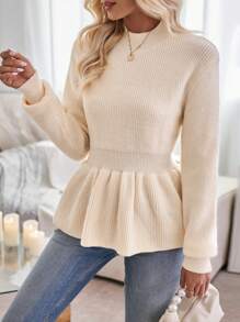 SHEIN Privé 素色荷葉邊下擺套頭毛衣 - 米色 - 查看 4