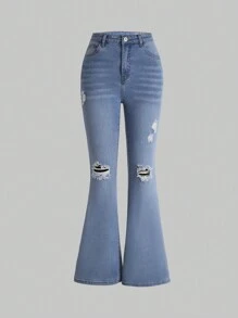 Teen Girl Ripped Flare Leg Jeans - Medium Wash - View 1