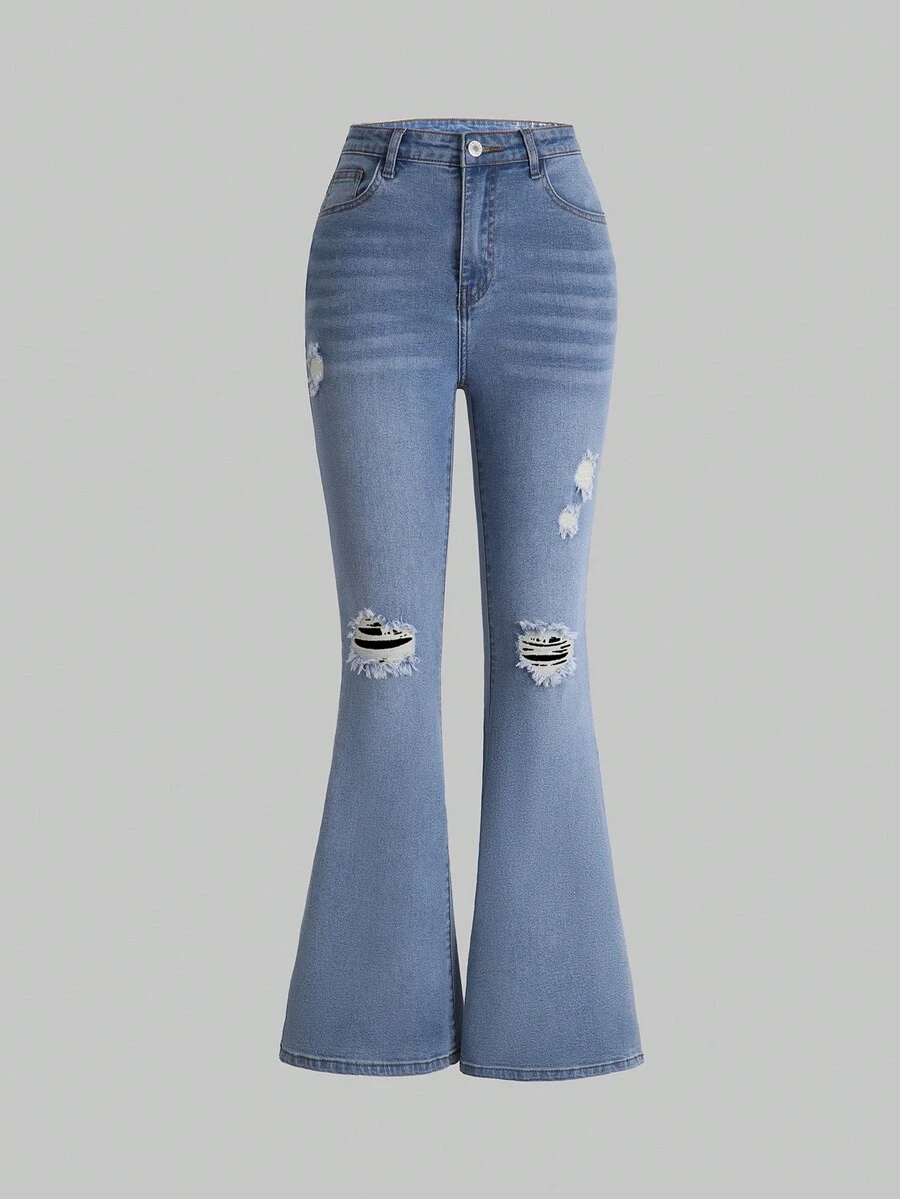 Teen Girl Ripped Flare Leg Jeans - Medium Wash - View 1