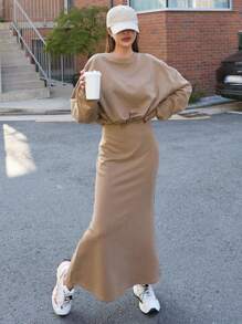 DAZY Drop Shoulder Sweatshirt & Mermaid Hem Skirt - Brown - View 3