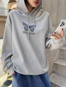 DAZY Hoạt hình Bướm & Chữ cái Thả vai Dây rút Hoodie - Xám - Xem 4