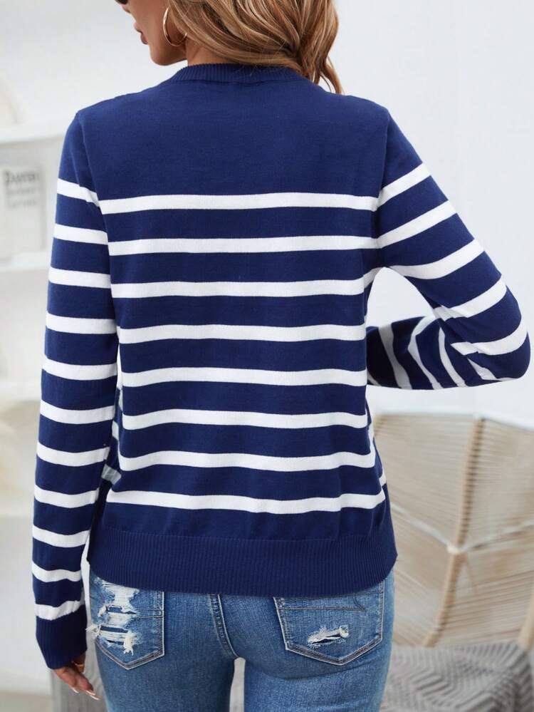 Striped Pattern Half Button Knit Pullover Fall Winter Sweater