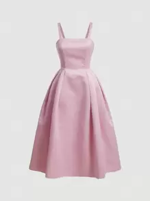 SHEIN MOD Pink Plus Size Long A-Line Spaghetti Strap Dress With Square Neckline, Simple, Elegant And Romantic Style