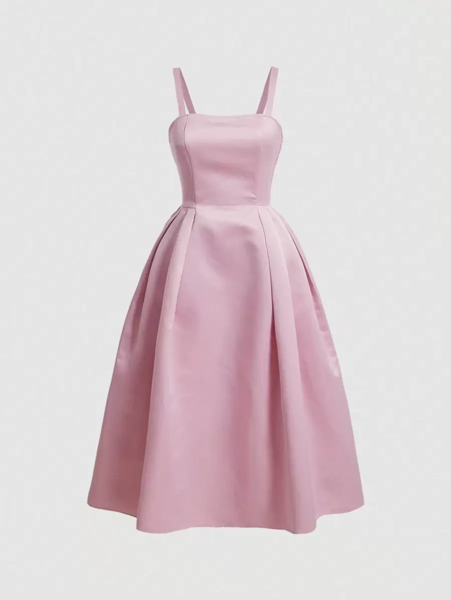 SHEIN MOD Pink Plus Size Long A-Line Spaghetti Strap Dress With Square Neckline, Simple, Elegant And Romantic Style