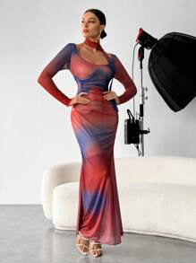 SHEIN Privé 紮染褶邊網紗洋裝帶圍巾 - 彩色 - 查看 4
