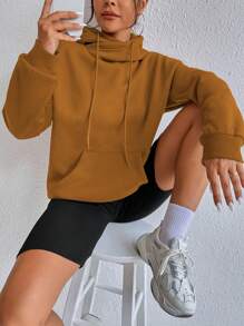 SHEIN Unity Kangaroo Pocket Drop Shoulder Drawstring Hoodie - Brown - View 4