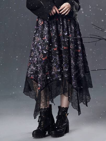 Goth Jupe Imprimé Plante En Dentelle Asymétrique
