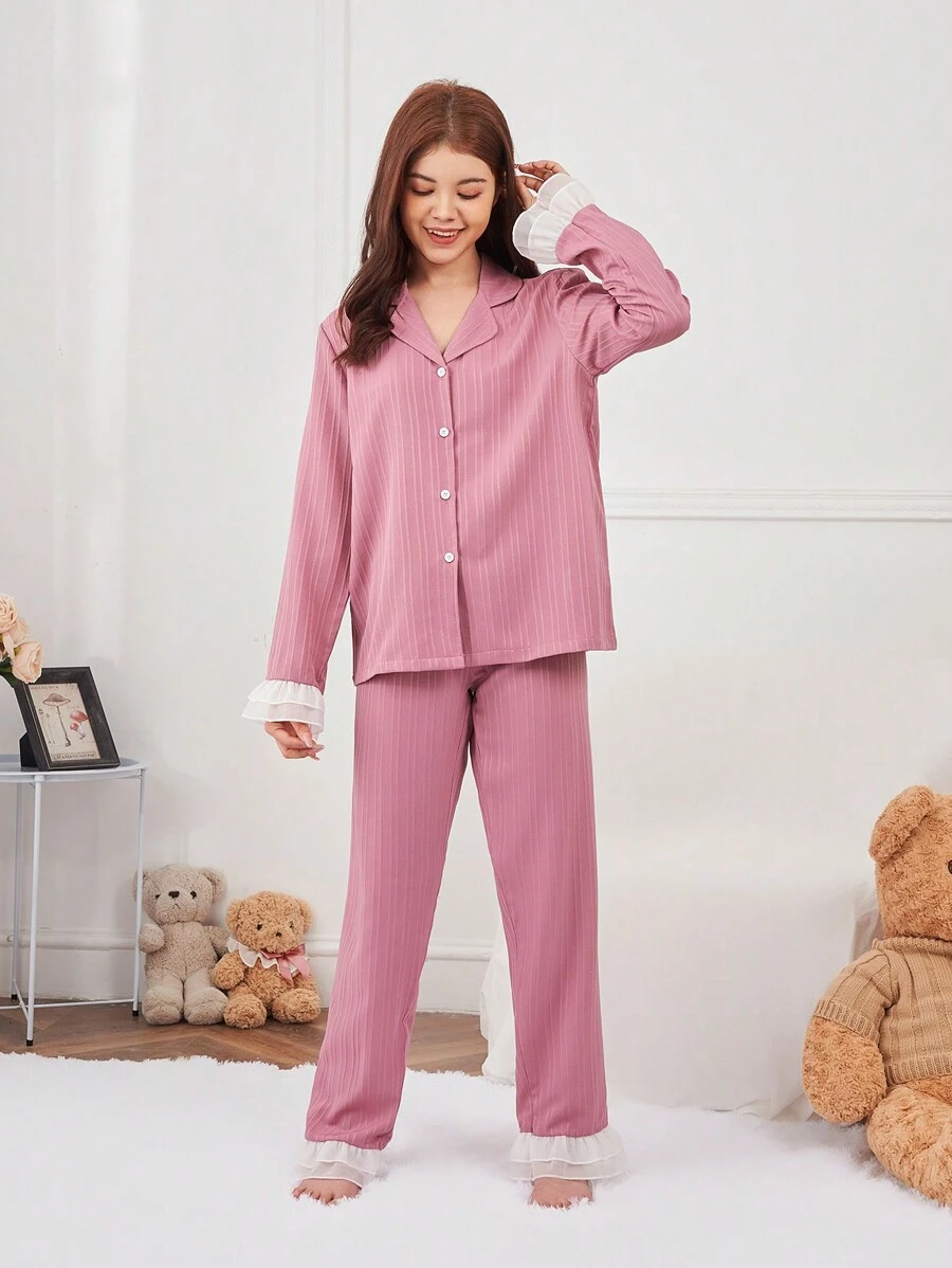 Adolescent Fille Ensemble De Pyjama Contrastant À Volants À Bouton - Vieux Rose - Voir 1