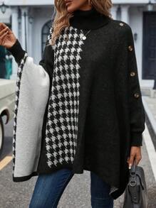 SHEIN LUNE Đồ họa Houndstooth Áo cao cổ tay cánh Chi tiết Nút Áo len Poncho - Nhiều màu - Xem 3