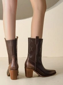 女性小腿中部復古鉚釘西部牛仔靴帶粗跟 - 棕色 - 查看 2