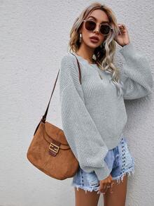SHEIN LUNE Chất rắn Đồ đan Ribbed Thả vai Áo len - Màu Xám nhạt - Xem 4