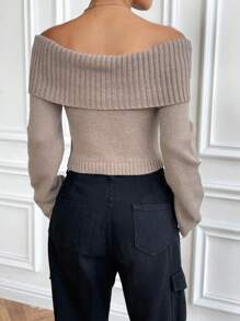 Flirla Foldover Off Shoulder Crop Sweater,Long Sleeve Tops Knit Pullover Fall Winter Sweater - Khaki - View 2