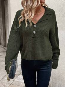 SHEIN LUNE Suéter de punto acanalado con botones y hombros caídos para otoño e invierno - Verde militar - Ver 3