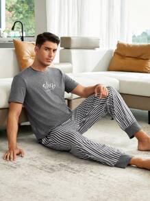 CoupledUp Men Letter Graphic Tee & Striped Pants PJ Set / Pajama Set Couple Matching Set(Sold Separately) - Dark Grey - View 8