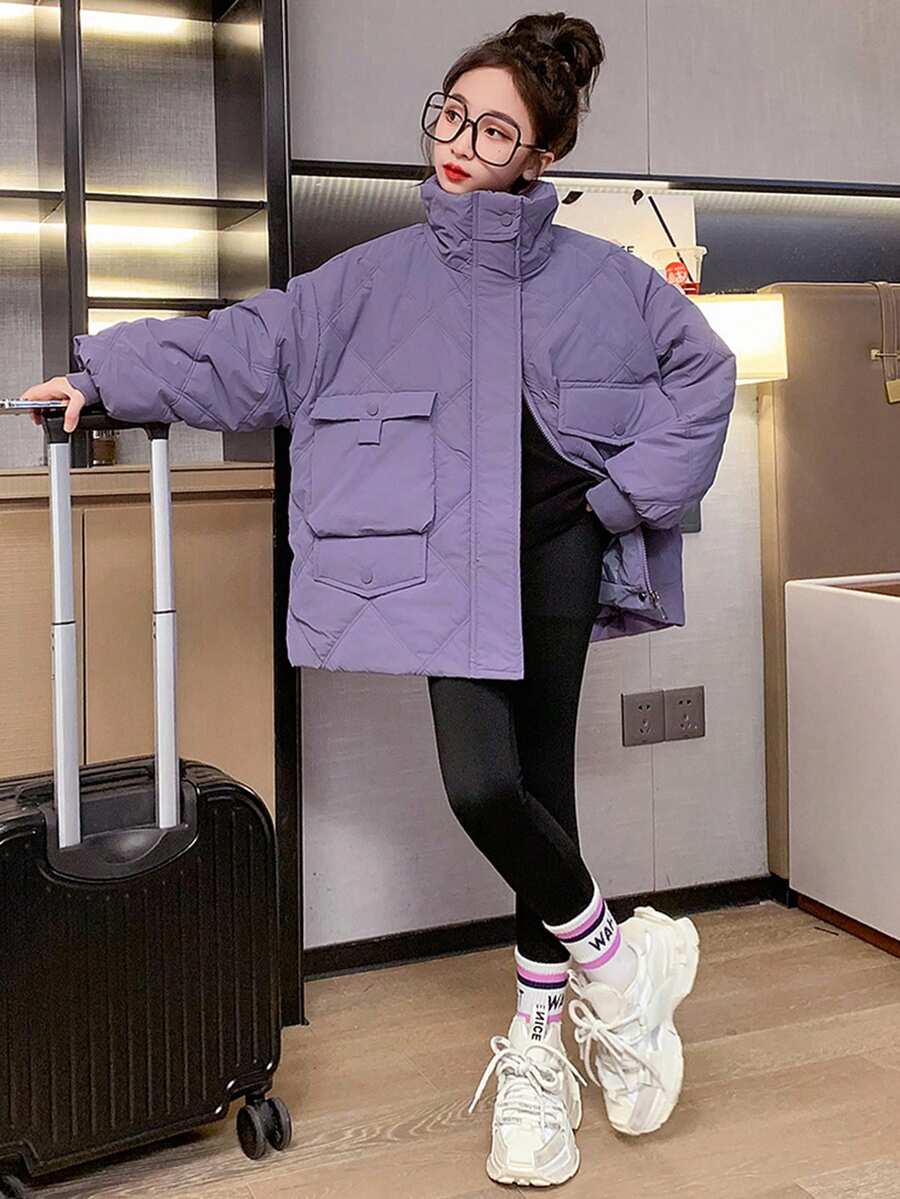 Tween Girl Flap Pocket Drop Shoulder Zip Up Quilted Coat - Purple - View 1