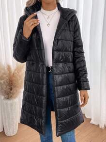 SHEIN Clasi Slant Pocket Hooded Belted Padded Padded Coat Clothes Winter - Black - View 1
