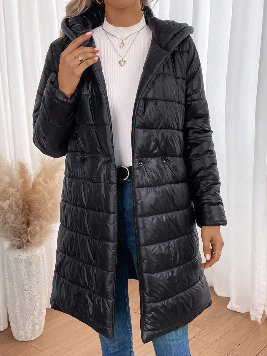 SHEIN Clasi Slant Pocket Hooded Belted Padded Padded Coat Clothes Winter - Black - View 1