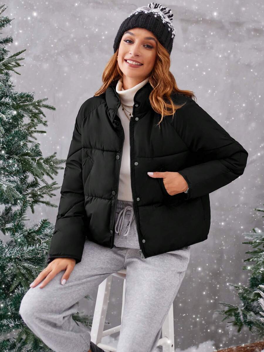 SHEIN Essnce Plain Color Casual Padded Coat With Stand Collar, Winter - Black - View 1