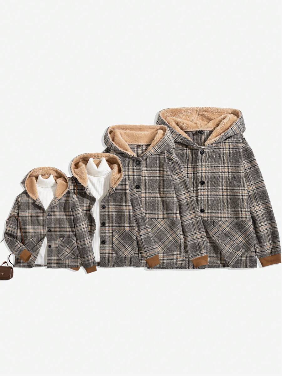 SHEIN 厚實溫暖的格紋帽風外套,適用於青少年女孩,擁有復古的英式風格,適用於秋冬日常穿著（4件分開販售） - 彩色 - 查看 1