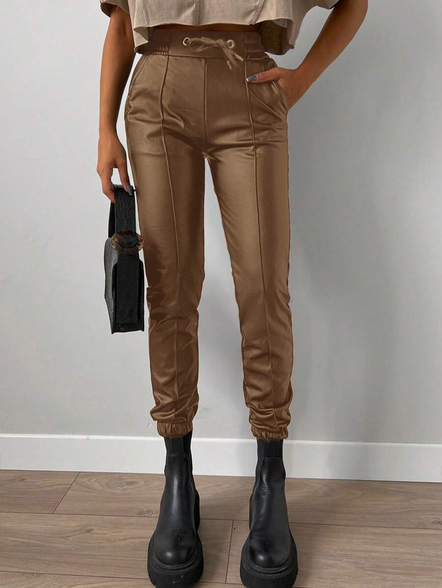 EURMUSE Slant Pocket Drawstring Waist PU Pants - Brown - View 1