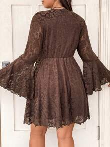 Flirla Plus Plunging Neck Bell Sleeve Lace Dress - Khaki - View 2