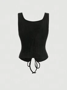 SHEIN MOD Lace Up Front Black Eyelet Decoration Tank Top Corset Top
