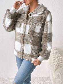 SHEIN Frenchy 大方格圖案翻蓋口袋落肩袖絨毛外套 - 彩色 - 查看 3