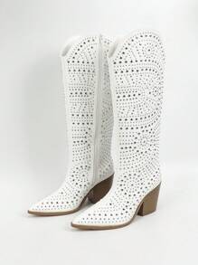 Styleloop Women's Fashionable Party Style White Mid-Calf Boots With Rivets Decoration Cowboy Boots
