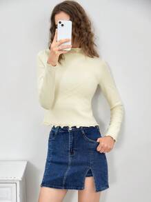 SHEIN EZwear Mock Neck Frill Trim Sweater