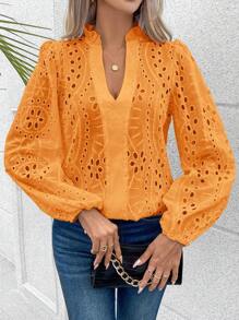 SHEIN Clasi Eyelet Embroidery Frill Trim Lantern Sleeve Notched Neckline Blouse