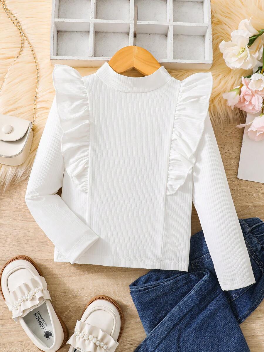 SHEIN Young Girl Ruffle Trim Mock Neck Tee - White - View 1