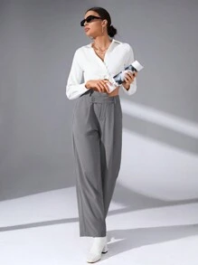 SHEIN Essnce Chất rắn Túi nghiêng quần ống rộng Quần tây - Màu xám đen - Xem 4