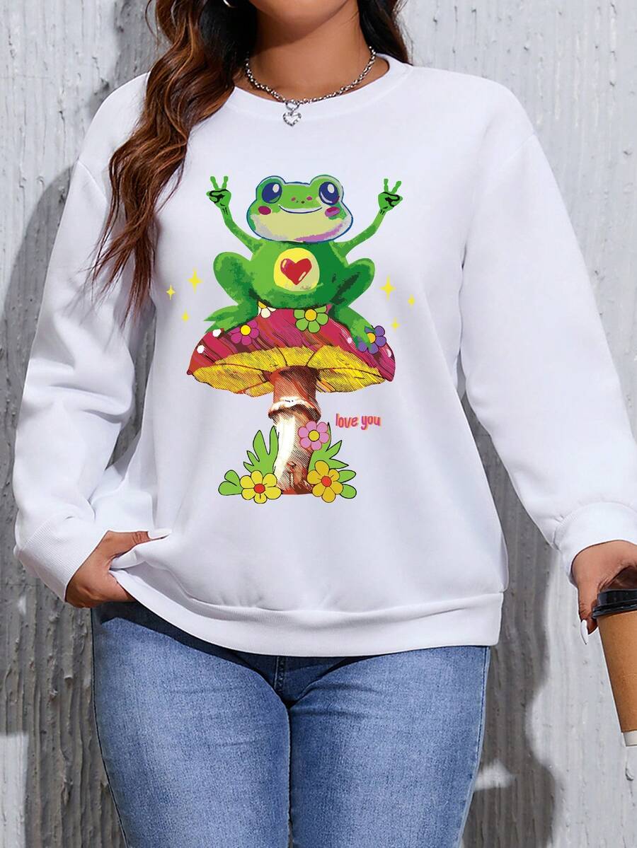 SHEIN Unity Plus Cartoon & Letter Graphic Drop Shoulder Sweatshirt - White - View 1