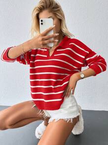 Cloudara Striped Pattern Drop Shoulder Sweater - Red - View 5